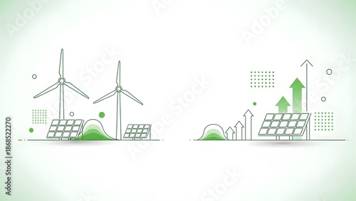 Duo of minimalist line art illustrations featuring wind turbines and solar panels alongside rising green arrows, symbolizing renewable energy growth.