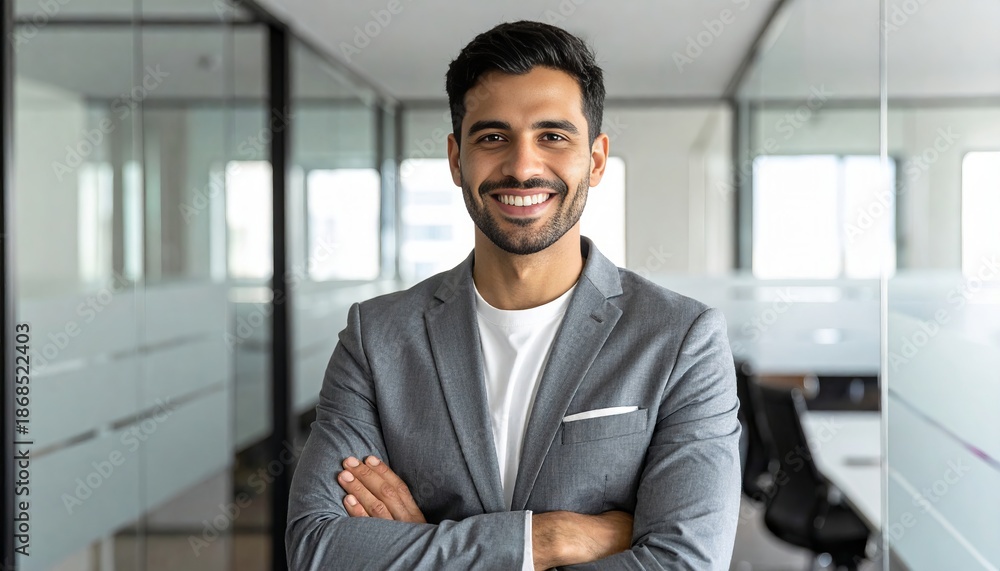 Fototapeta premium A confident Latin American businessman stands smiling in a modern office - radiating professionalism, success, and readiness in a contemporary corporate environment
