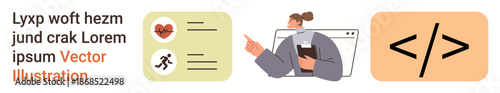 Education, healthcare, digital services, programming, personal development, management. Woman with clipboard, health and coding icons. Education and healthcare illustrated together