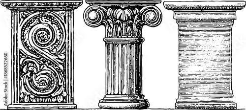 Vintage engraved set of geometric columns - design for artistic architecture prints