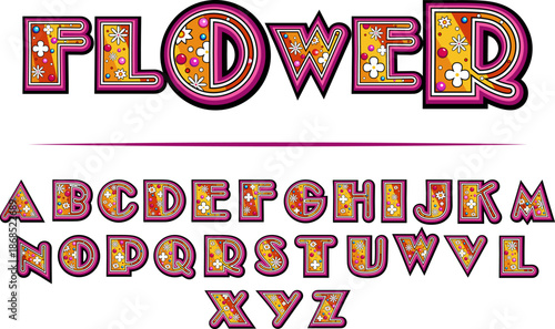 Colorful floral hand drawn alphabet. Lettering and Custom Typography for Designs. Flower style Alphabet, Playful Orange Alphabet Lettering with 3d Style full A2Z Alphabet.
