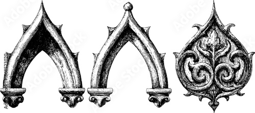 Gothic architectural elements set: vintage engraved illustrations for design