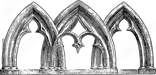 Vintage gothic pointed arch set: detailed engraved architectural design for historical motifs