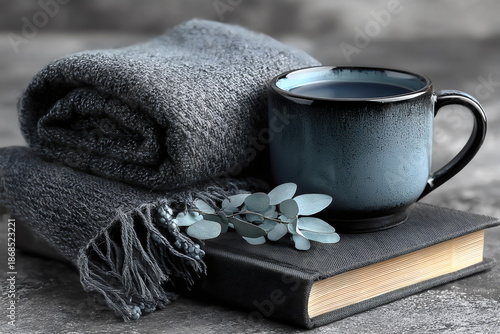 Cozy scene with a black mug, gray blanket, book, and green sprigs on a simple surface in a warm indoor setting
