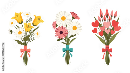 A set of three lovely and colorful bouquets for different occasions, featuring daisies, lilies, and stylized heart-shaped flowers.