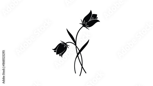 A minimalist black silhouette of two bellflowers on intertwined stems, creating a simple and elegant floral design element.