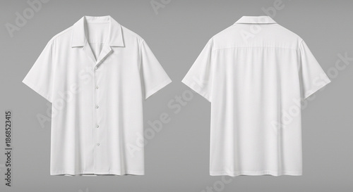 Blank White Short Sleeve Camp Collar Shirt Mockup, Front and Back Views Isolated on Gray Background