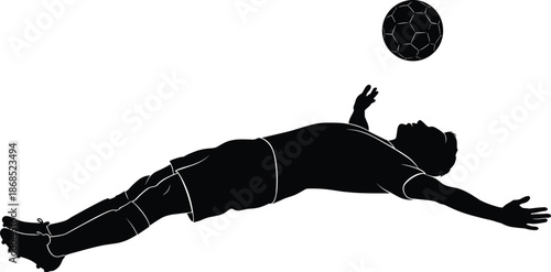 Action soccer player silhouette vector illustration performing a diving header goal kick with ball isolated 