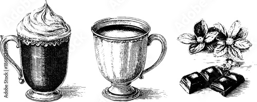 Vintage engraving illustration set of hot chocolate mugs and ingredients for design