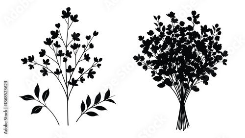Set of black botanical silhouettes featuring a delicate flowering branch, separate leaves, and a lush tied bouquet illustration.