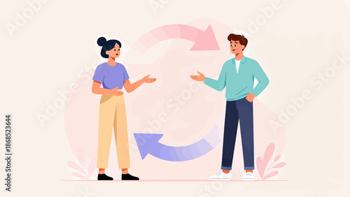 A man and a woman are talking to each other. The man is wearing a blue shirt and the woman is wearing a pink shirt