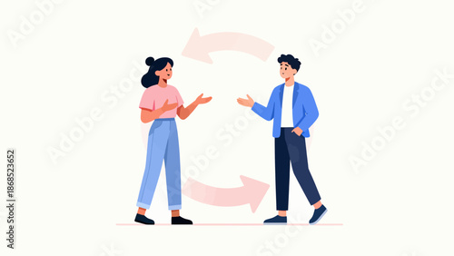 Two people are talking to each other, one of them is wearing a pink shirt. The man is wearing a blue jacket