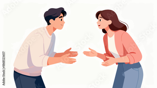 A man and a woman are talking to each other. The man is smiling and the woman is smiling back