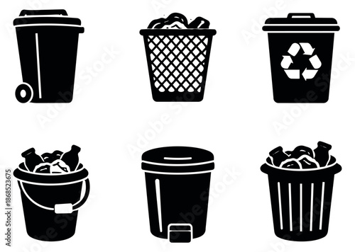 Solid icon style waste bin set featuring various types for disposal and recycling for waste management concepts