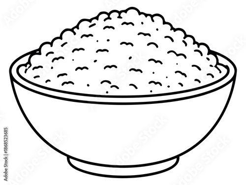 Hand drawn line art illustration of a bowl of rice depicting a staple food for healthy eating concepts