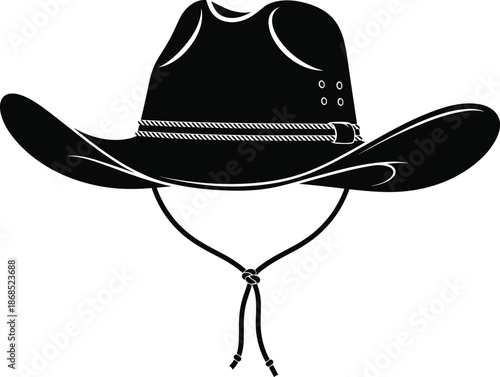 Classic black cowboy hat silhouette vector illustration with chin strap and rope band detail isolated on white background for western American heritage