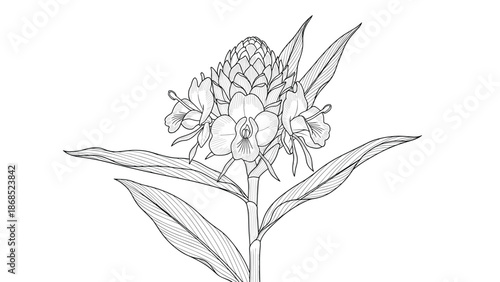 Detailed black and white line art illustration of a ginger lily flower, showcasing its complex petals, stamen, and leaves.
