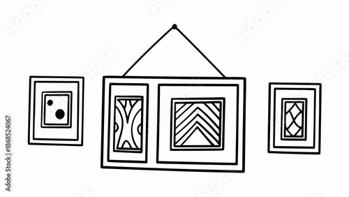 A collection of framed illustrations hung on a wall in a simple line drawing style