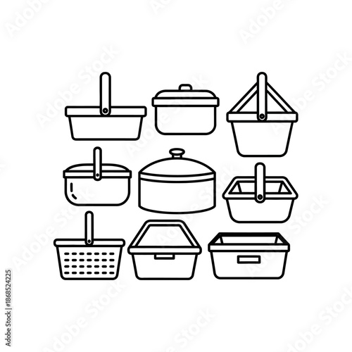 Collection of Diverse Basket Icons, Picnic & Storage Containers, Vector Line Art