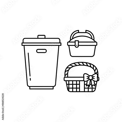 Collection of Baskets and Trash Can Icons - Line Art Vector Illustration