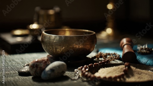 Serene Meditation Setup with Singing Bowl and Mala Beads for Tranquil Mindfulness Practice in Natural Light Atmosphere