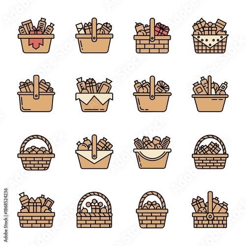 Collection of Gift Baskets and Picnic Baskets Filled with Various Items, Isolated on White