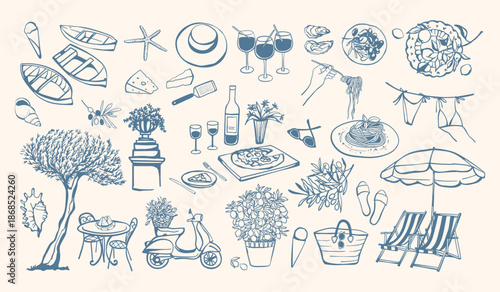 Summer Beach Vacation Doodle Icons Collection Sketch.