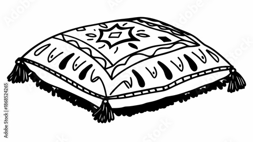 An intricately designed throw pillow with tassels on a white background