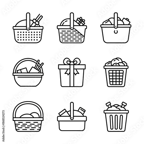 Collection of Shopping and Picnic Baskets Icons, Line Art Illustrations