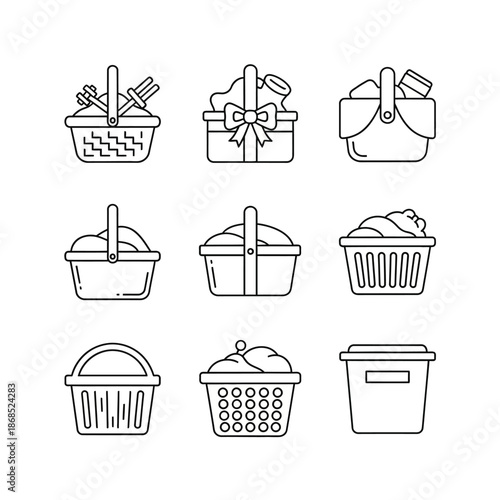Collection of Line Art Baskets and Containers Icons