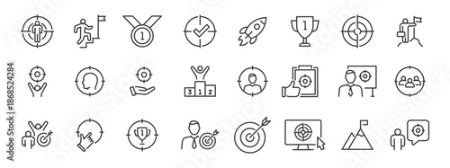 Set of Line Icons Showing Business Goals and Success Symbols.