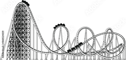 Detailed roller coaster silhouette vector illustration with loops and steep drops isolated on white background for theme park thrill ride adventure design