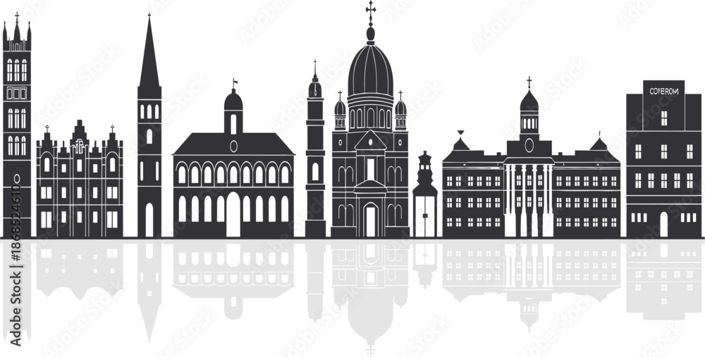Obraz premium Panoramic City Skyline Silhouette With Historic European Landmark Buildings Reflecting On A Clean White Background