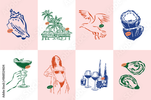 Vibrant Tropical Beach Vacation Icons Collection.