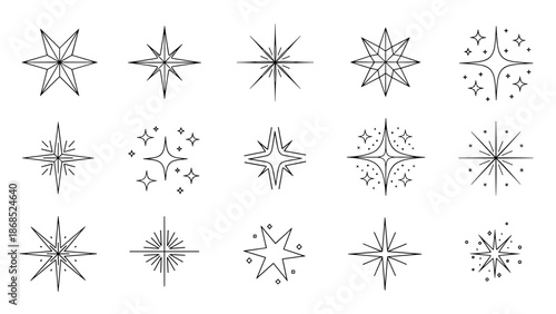A large collection of hand-drawn star and sparkle doodle outlines, showcasing a variety of shining and twinkling effects.