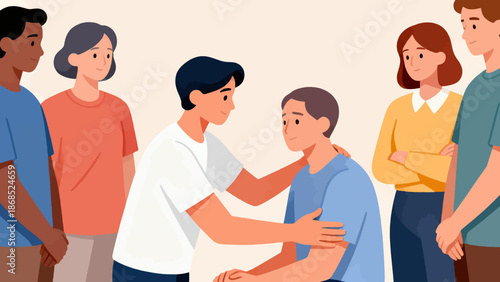 A group of people are hugging each other, one of whom is being comforted by another. Scene is one of warmth and support