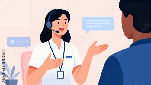 A woman wearing a headset is talking to a man. The woman is smiling and the man is looking at her. Concept of communication and connection between the two people