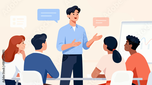 A man is giving a presentation to a group of people. The group consists of a man and four women. The man is standing in front of a white board with a few words on it. Scene is professional and focused