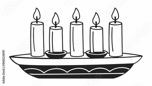 Five candles lit on a decorative holder in a serene environment viewed from the front