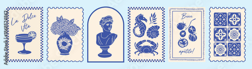 Vintage Blue Stamps Depicting Cocktail Vase Bust Shell Crab Patterns.