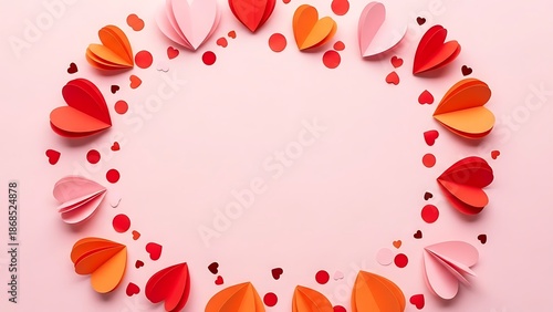 Romantic heart frame on pink background with paper hearts and confetti for valentine's day