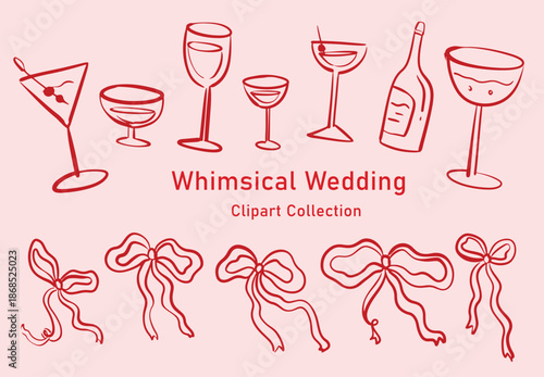 Whimsical Wedding Clipart Collection Featuring Glasses and Bows.
