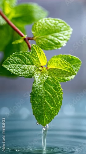 Refreshing rainfall on vibrant green mint leaves creating soothing ripples in water