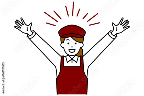 バンザイで喜ぶカフェの女性店員