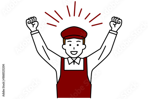 バンザイで喜ぶカフェの男性店員