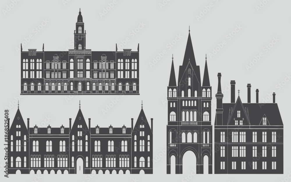 Fototapeta premium Vector Silhouettes Of Historic European Gothic Architecture Featuring Intricate Facades And Ornate Landmark Building Outlines