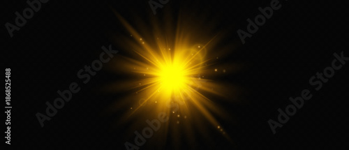 Abstract golden glow effect with rays and highlights, design element golden light with rays and bokeh effect on black background