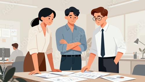 Three people are sitting at a table, looking at a piece of paper. Scene is serious and focused