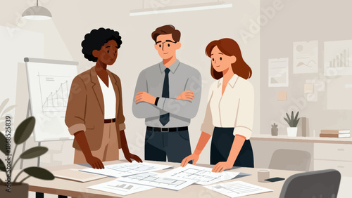 Three people are standing around a table with papers in front of them. They are all dressed in business attire and appear to be discussing something important. Scene is serious and focused