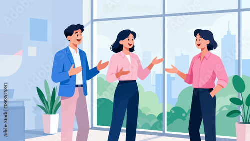 Three people are standing in a room, smiling and talking to each other. The room has a window with a view of a city